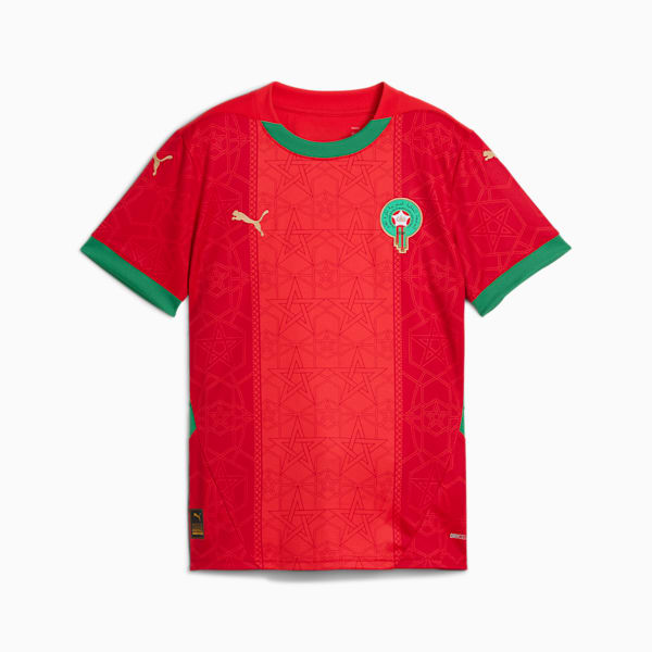 Puma Home Jersey Junior Marokkaans voetbalelftal 2025 met DryCELL-technologie, verkrijgbaar bij Kickoff Antwerpen – rood design met officiële teamdetails.